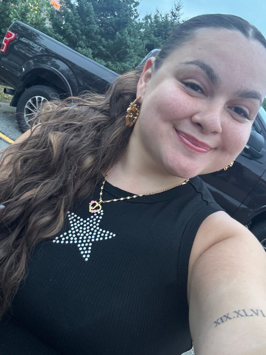 Customer photo review of Heart Outline Bamboo Name Hoop Earrings
