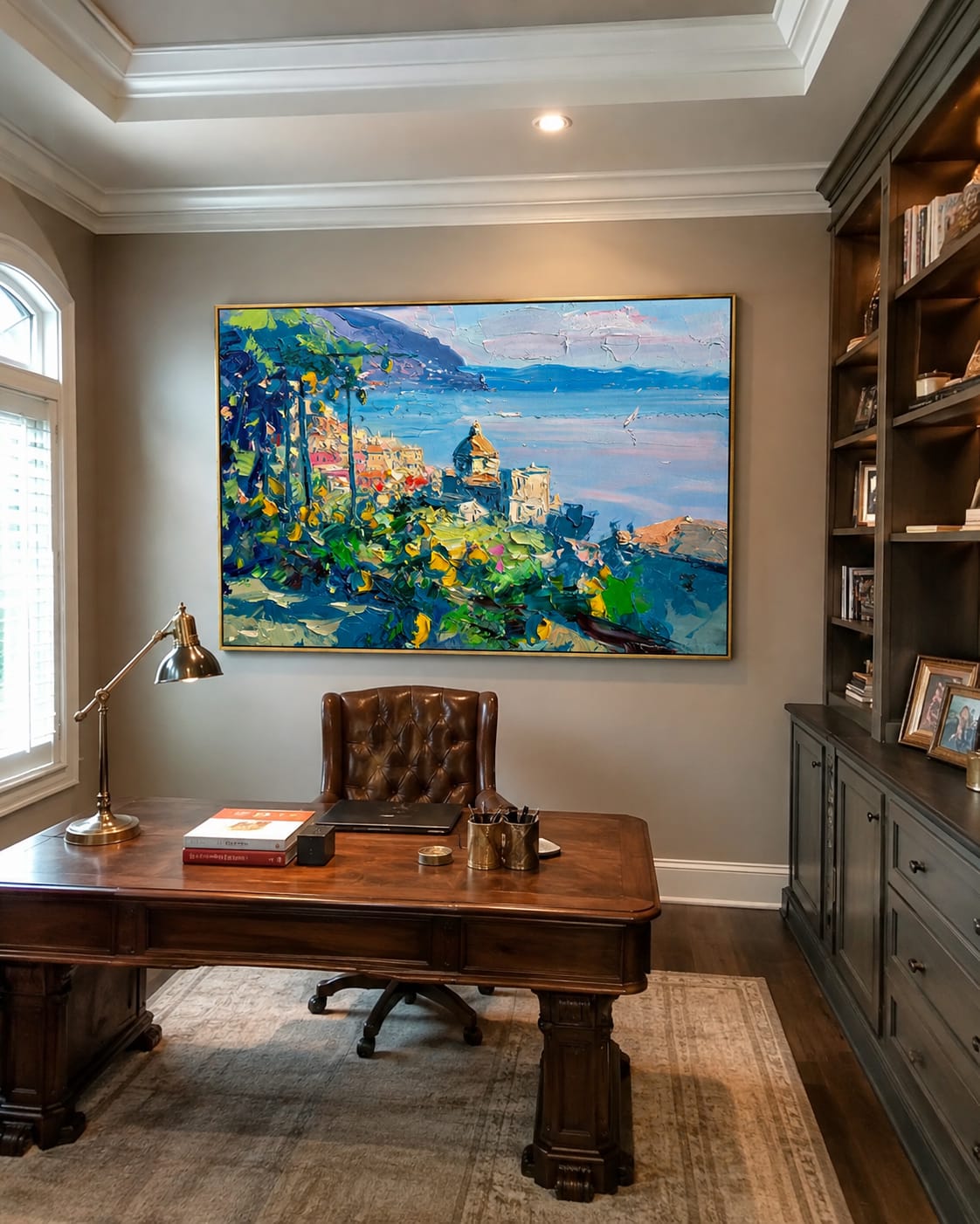 Customer photo review of Lemon Grove Coastline – Blue & Gold Coastal Village Painting | Coastal Mediterranean Living Room Wall Art