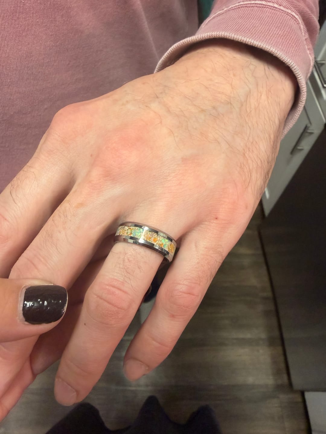 Customer photo review of Tungsten Opal Ring with Cremation Ashes