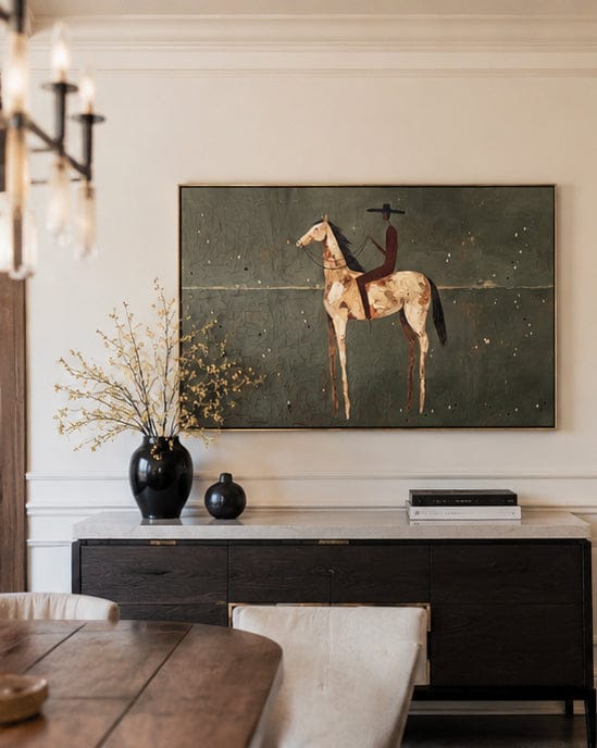 Customer photo review of Plains Rider – Vintage Americana Minimalist Cowboy on Horseback Painting | Western Modern Living Room Art