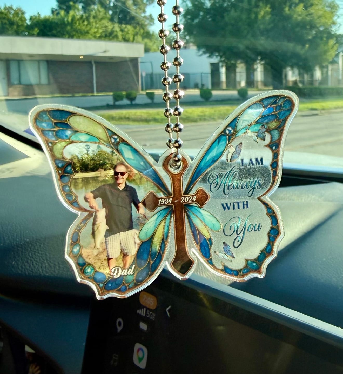 Customer photo review of Personalized Memorial Butterfly Car Hanger with Photo – Always With You