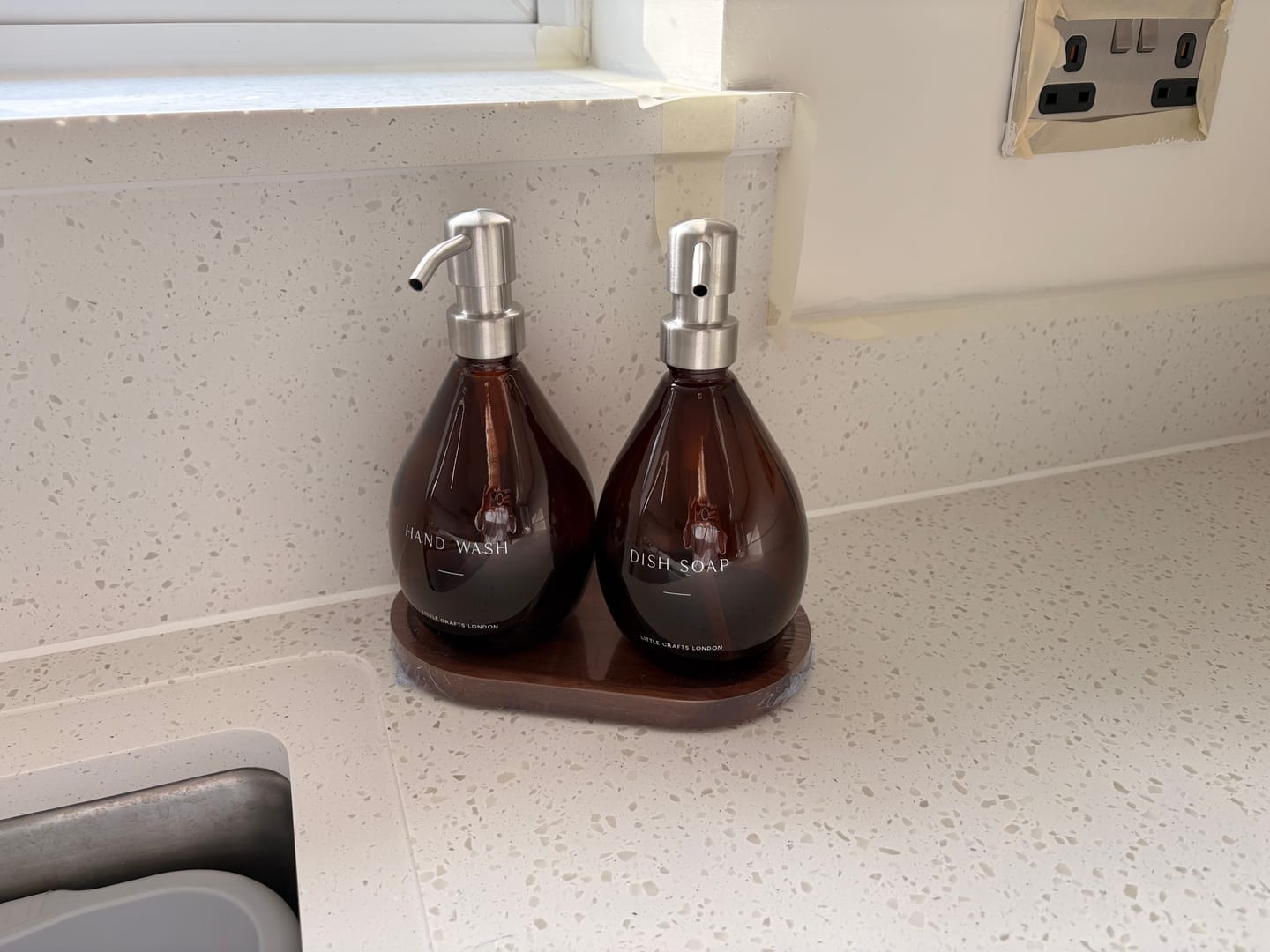 Customer photo review of Sculpted Amber Glass Bottles 500ml Hand Wash & Dish Soap with Oval Tray