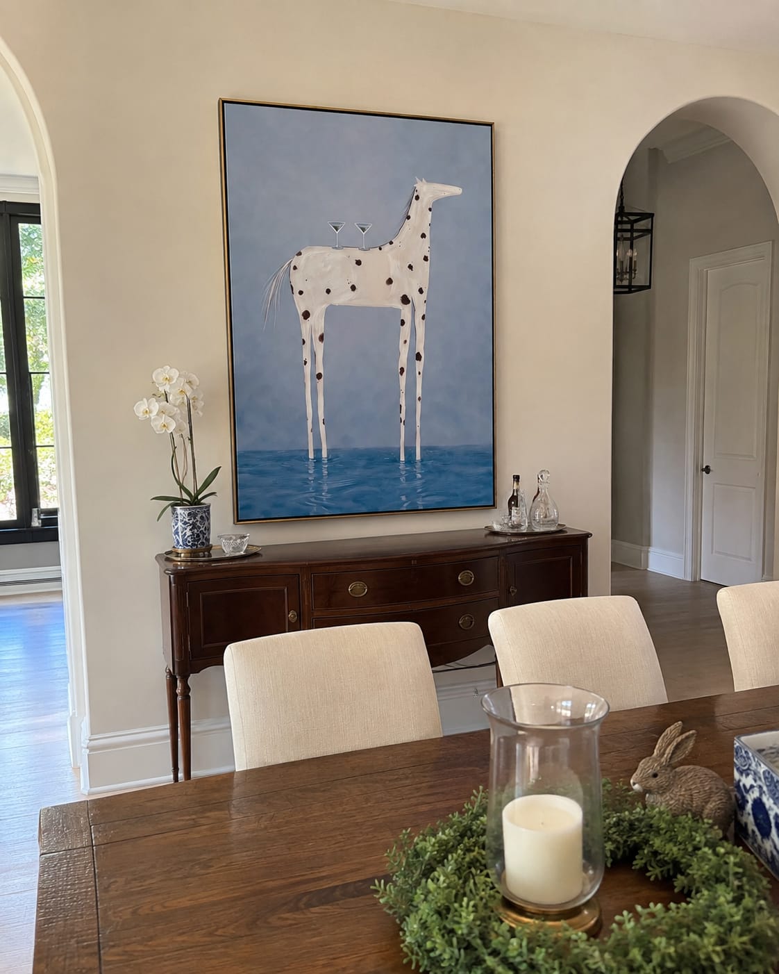 Customer photo review of Cocktail Hour Wading Horse – Surreal White Horse & Martini Painting | Whimsical Modern Living Room Wall Art