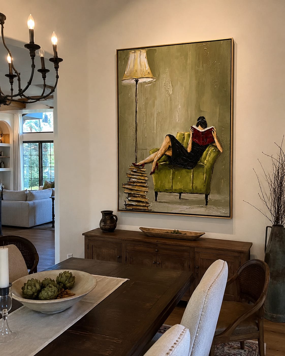 Customer photo review of Quiet Hour – Emerald Velvet Reading Nook Painting | Elegant Interior Living Room Art