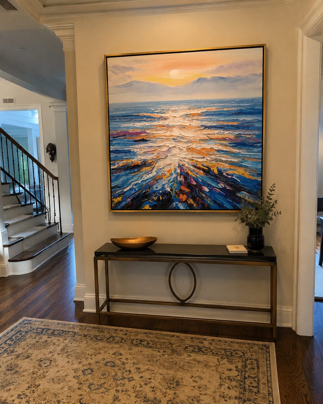 Customer photo review of Sunset Tide Convergence – Orange & Purple Abstract Seascape Painting | Coastal Living Room Wall Art