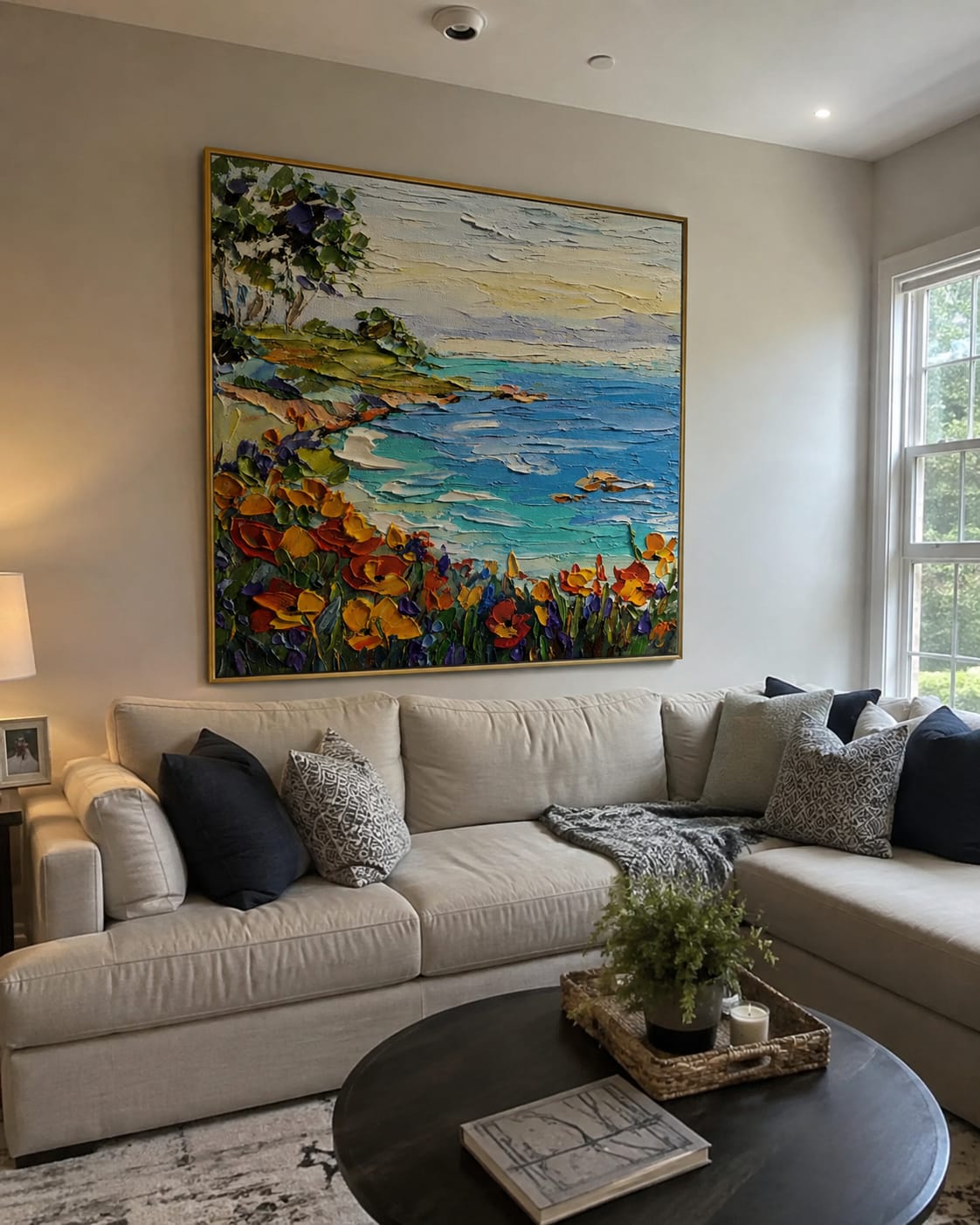 Customer photo review of Positano Afternoon Light – Blue & Terracotta Cliffside Village Painting | Coastal Living Room Wall Art