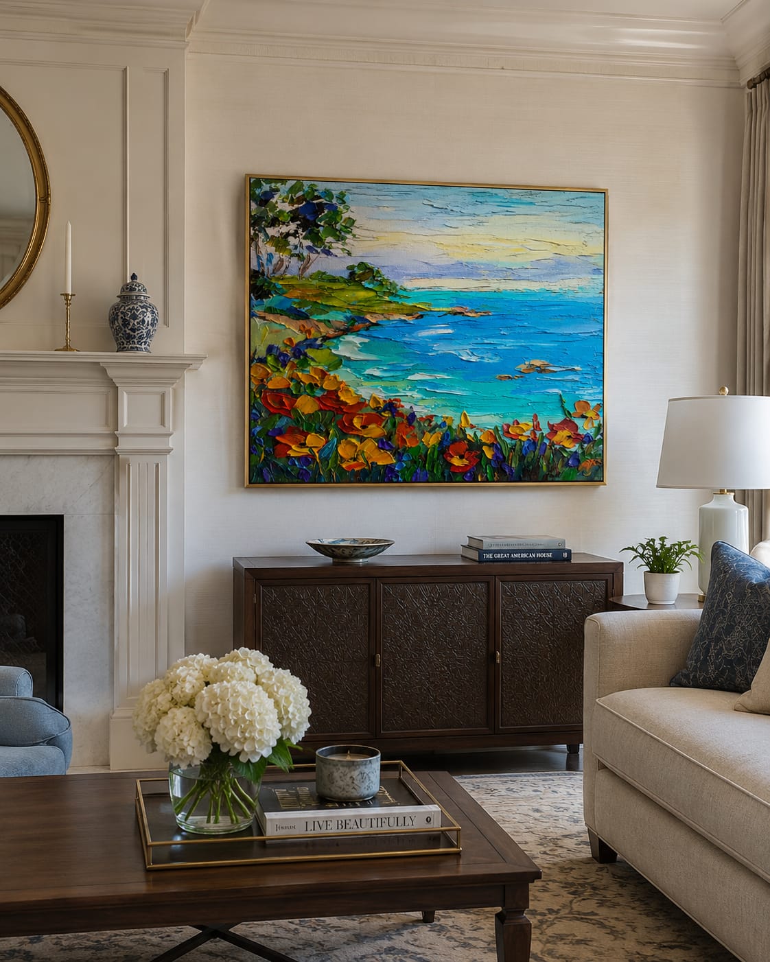 Customer photo review of Positano Afternoon Light – Blue & Terracotta Cliffside Village Painting | Coastal Living Room Wall Art