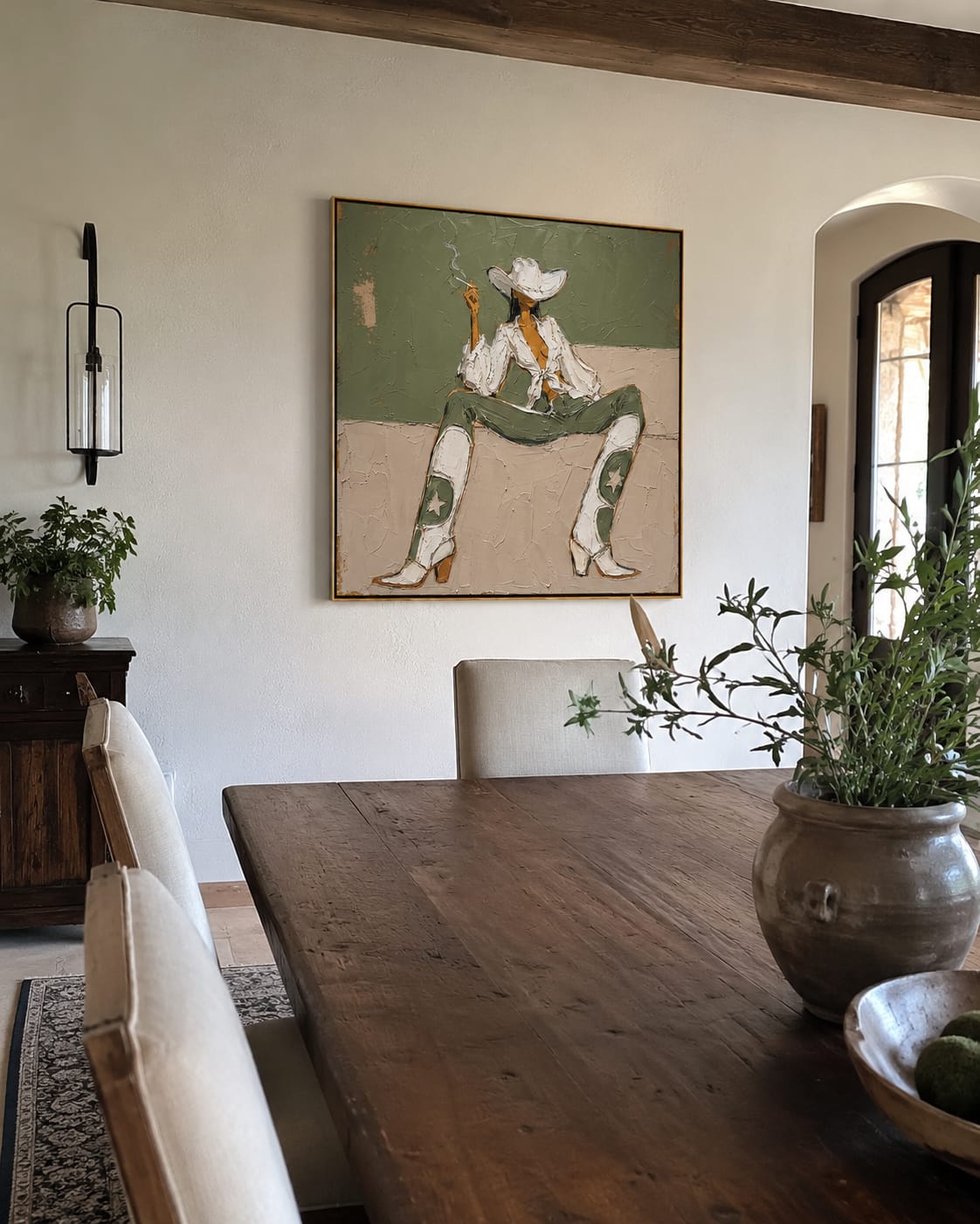 Customer photo review of White Boots Hold Ground – Green Cowgirl Painting | Retro Modern Square Wall Art