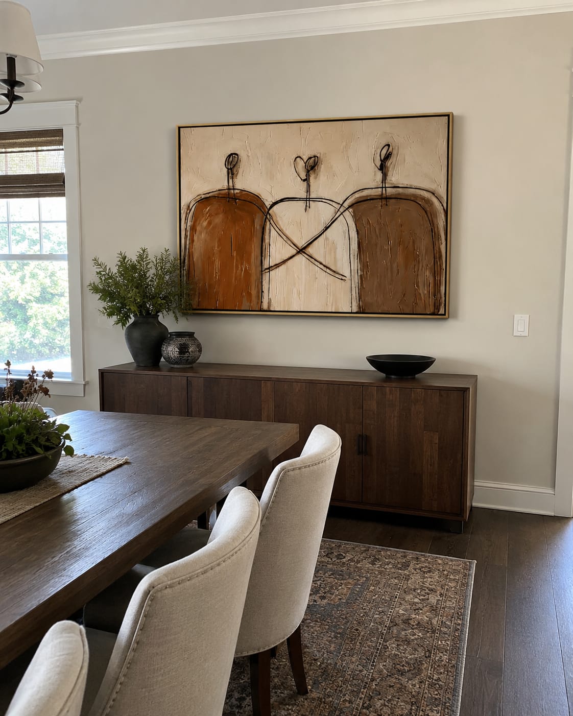 Customer photo review of Linked Silhouettes – Minimalist Cream Line-Figure Painting | Modern Neutral Living Room Art