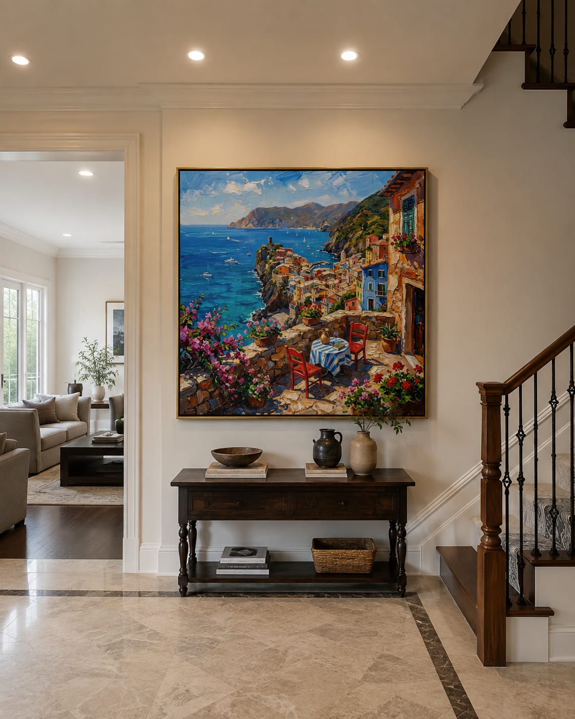 Customer photo review of Terrace for Two – Red & Blue Coastal Terrace Painting | Coastal Living Room Wall Art