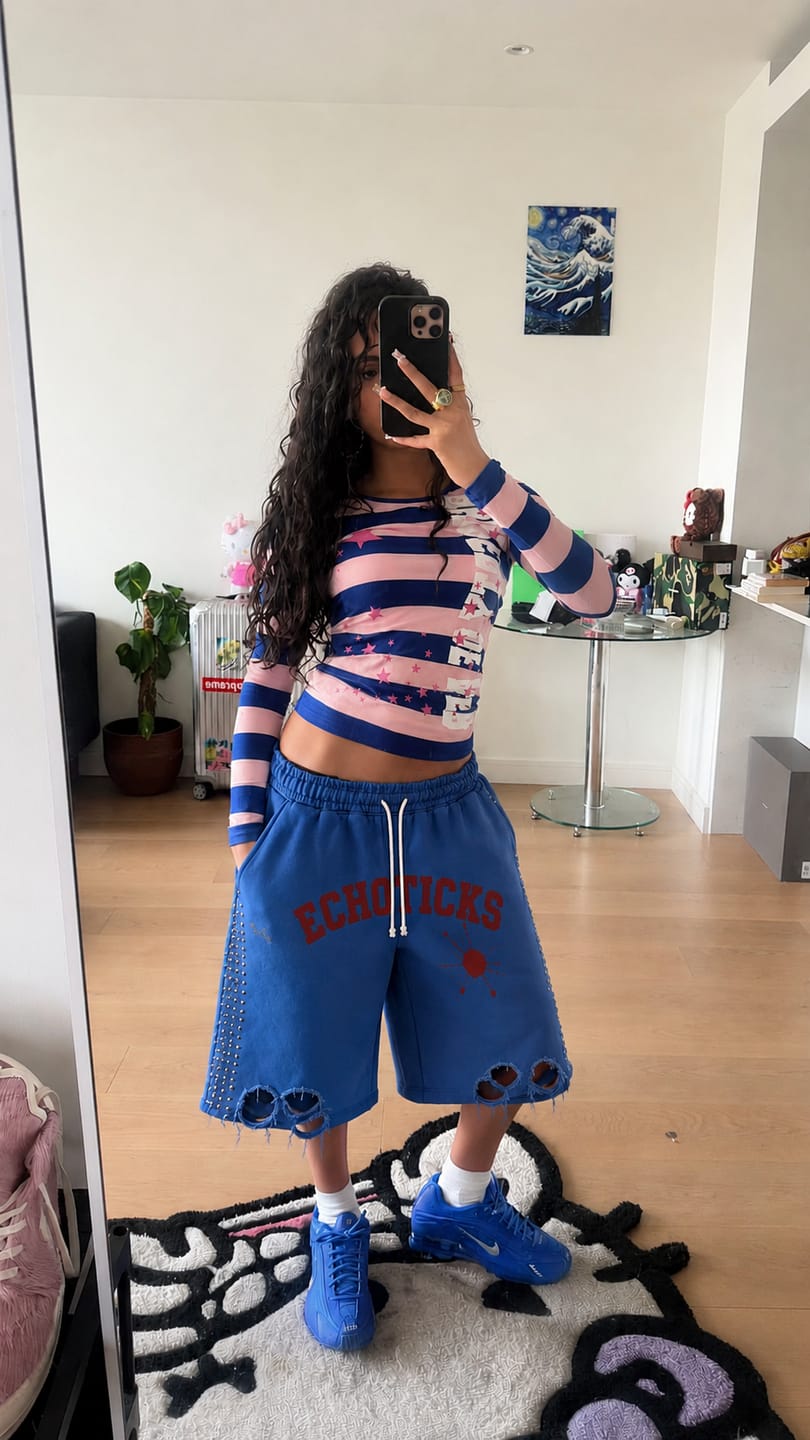 Customer photo review of ECHOTICKS Studded Distressed Streetwear Shorts