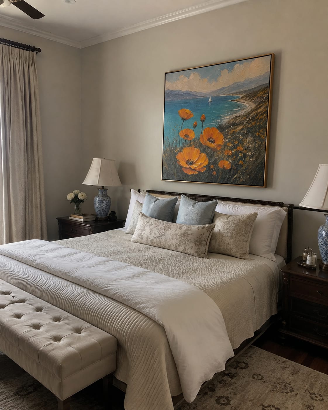 Customer photo review of Sail Beyond Poppy Fields – Orange & Blue Coastal Painting | Coastal Bedroom Wall Art