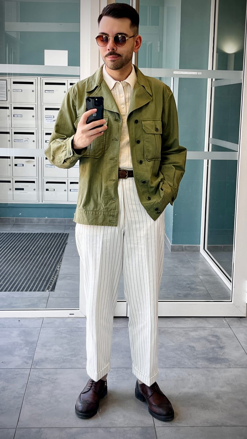 Customer photo review of Lot 955 1950s Motorcycle Mechanic Stripe Work Pants - White