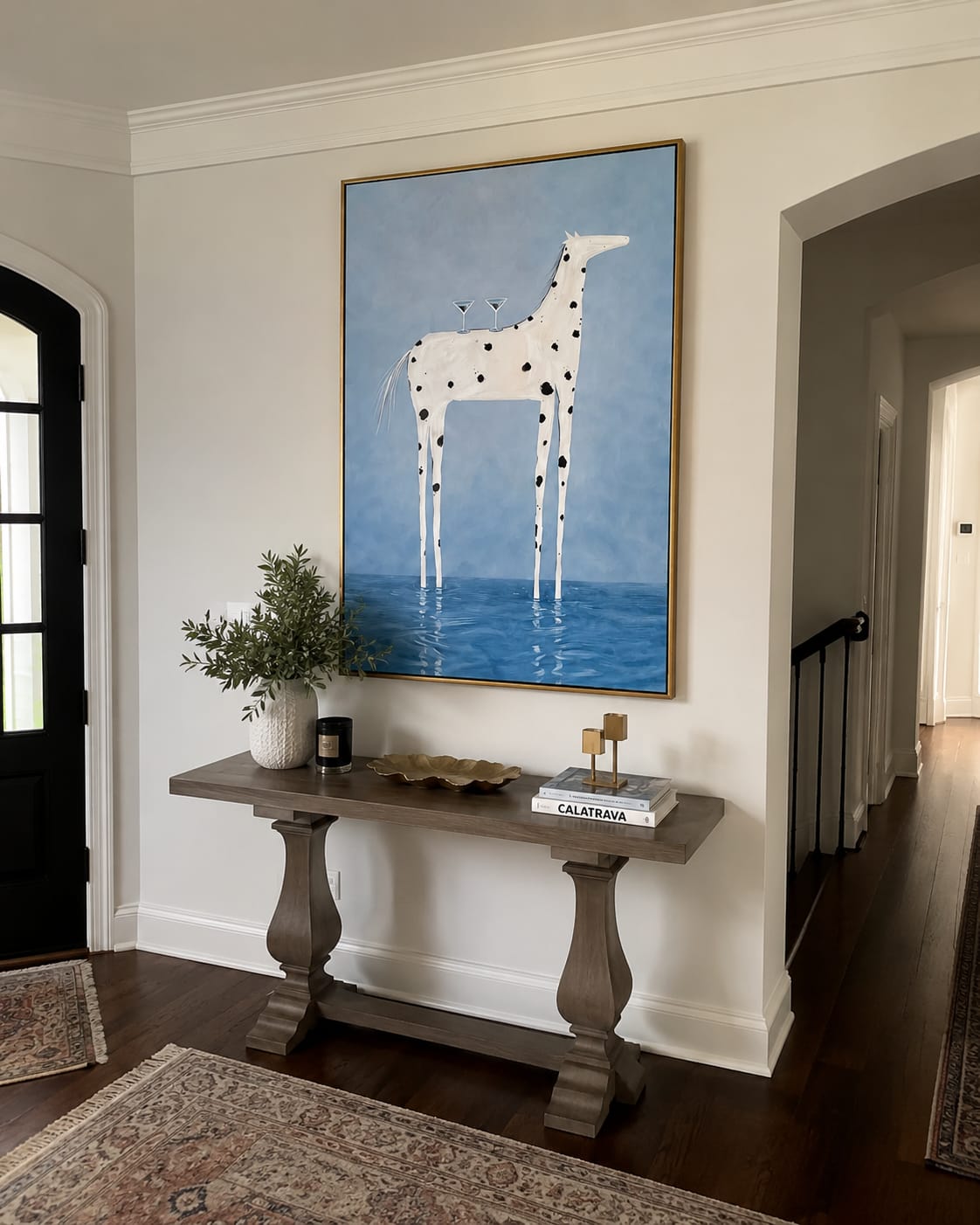 Customer photo review of Cocktail Hour Wading Horse – Surreal White Horse & Martini Painting | Whimsical Modern Living Room Wall Art