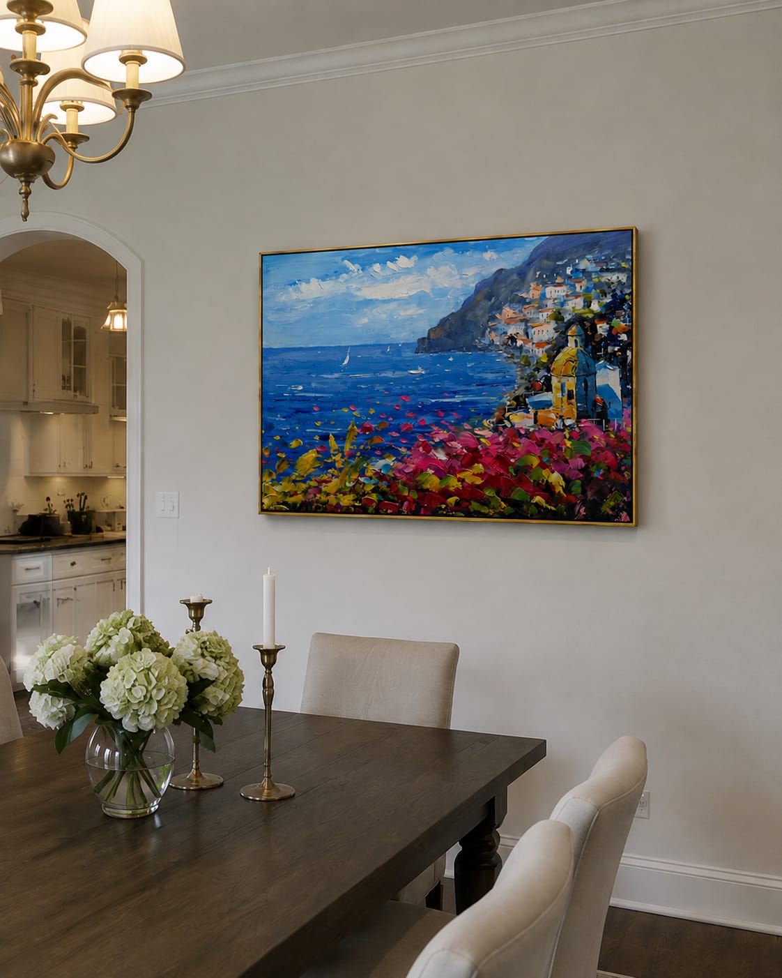 Customer photo review of Bougainvillea Cliffside Bay – Pink & Blue Coastal Village Painting | Coastal Living Room Wall Art