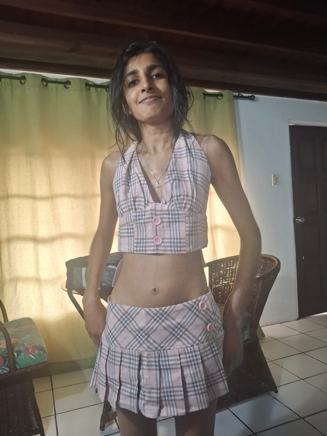 Customer photo review of Girly Plaid Halter Crop Top (Pink)