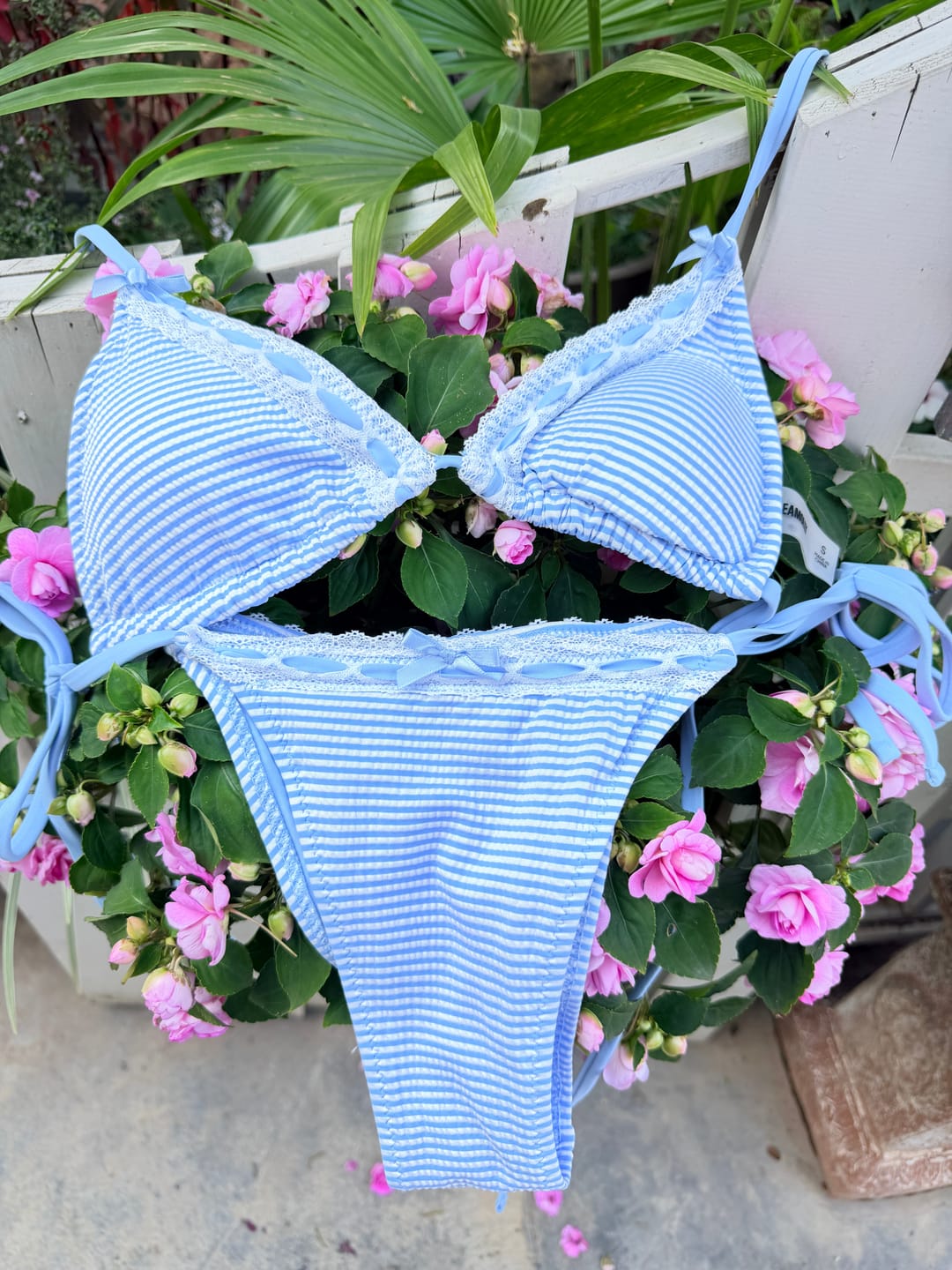 Customer photo review of Seamolly Striped Lace Trim Bowknot Decor Halter Triangle Tie Side Bikini Set