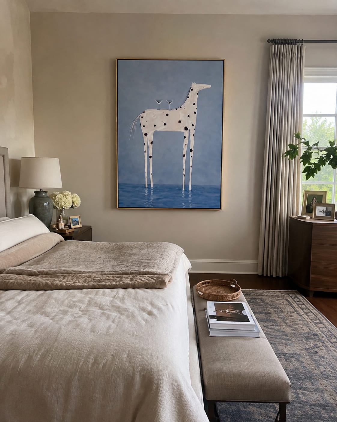 Customer photo review of Cocktail Hour Wading Horse – Surreal White Horse & Martini Painting | Whimsical Modern Living Room Wall Art