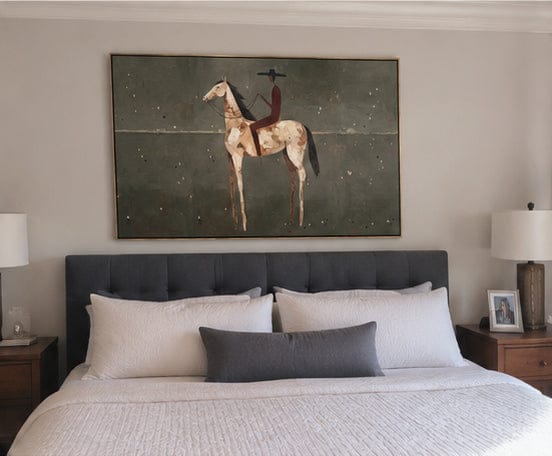 Customer photo review of Plains Rider – Vintage Americana Minimalist Cowboy on Horseback Painting | Western Modern Living Room Art