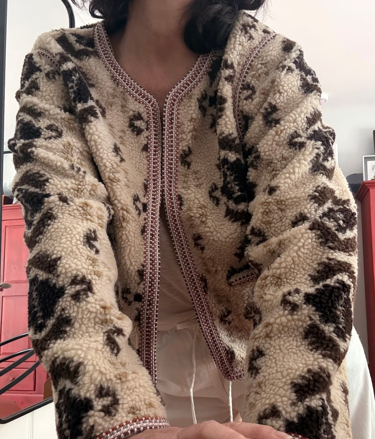Customer photo review of Aztec Faux Sherpa Jacket With Contrast Trim