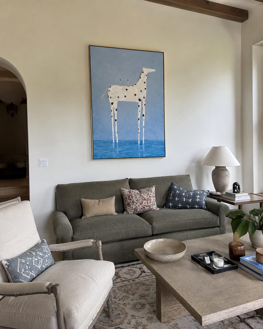 Customer photo review of Cocktail Hour Wading Horse – Surreal White Horse & Martini Painting | Whimsical Modern Living Room Wall Art