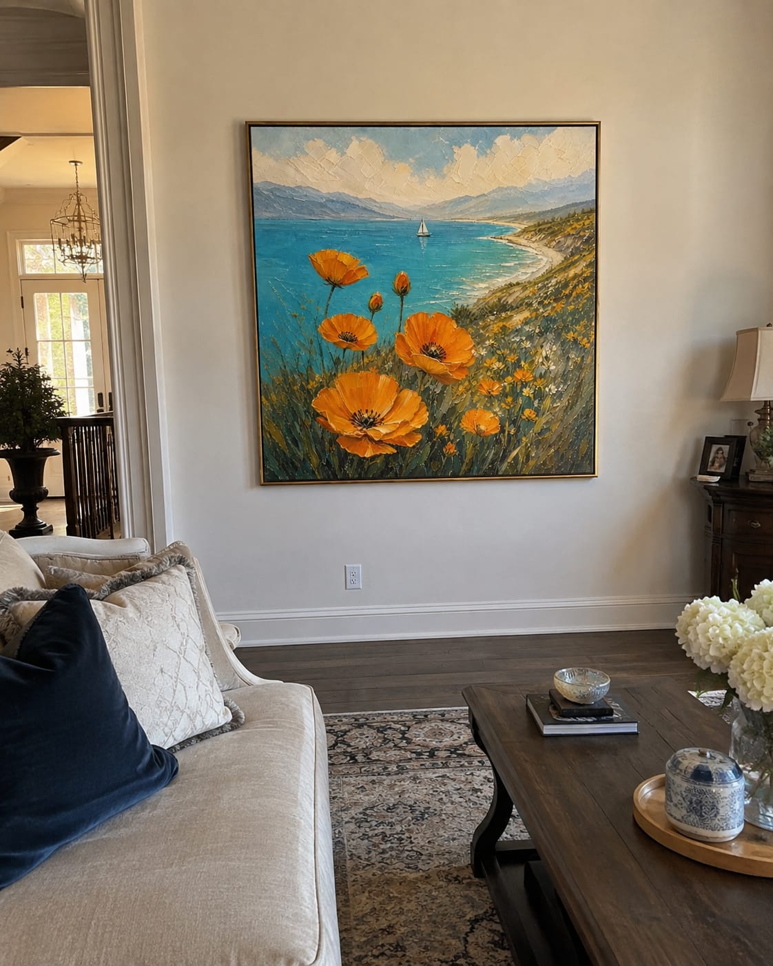 Customer photo review of Sail Beyond Poppy Fields – Orange & Blue Coastal Painting | Coastal Bedroom Wall Art