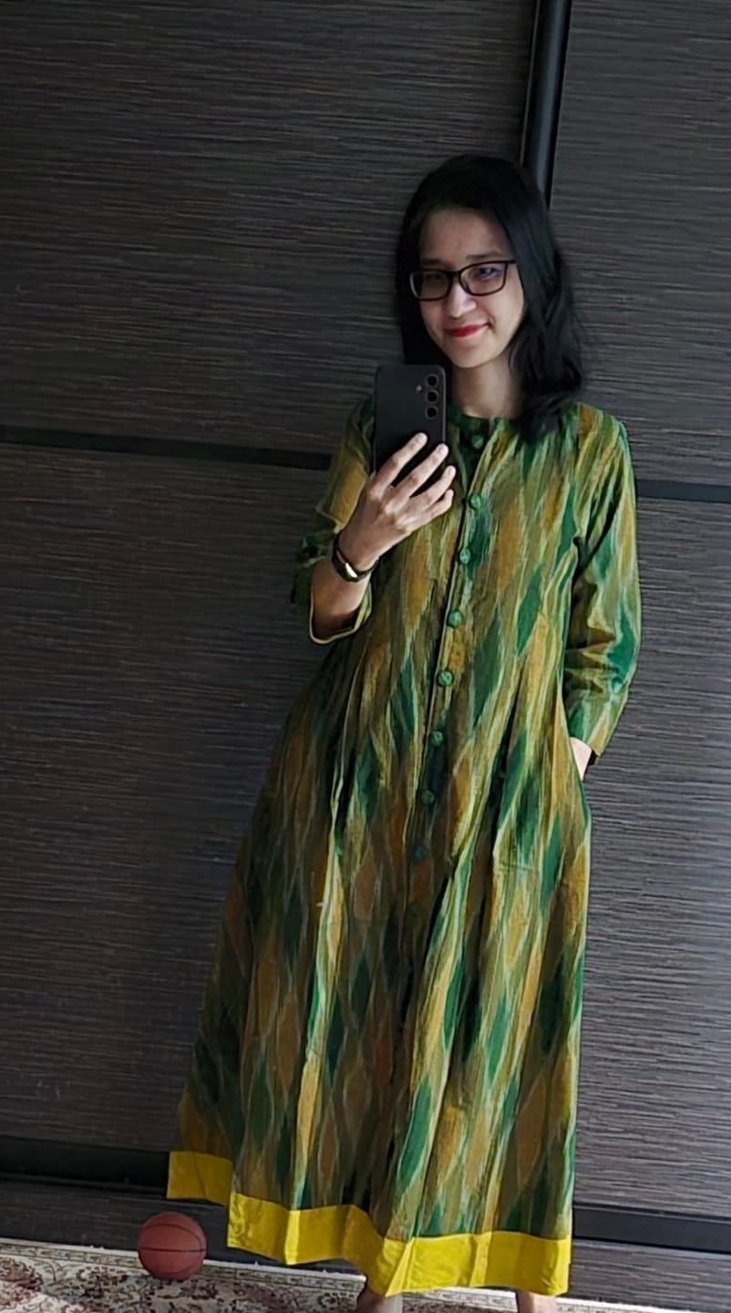 Customer photo review of Sunlit Forest Ikat Long Maxi Button Cotton Down Dress