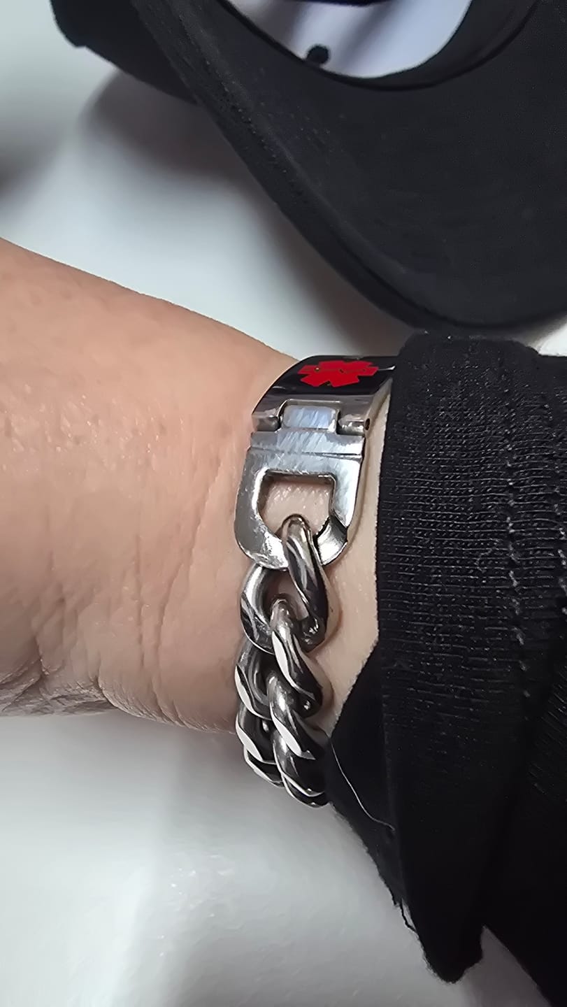 Customer photo review of UniSafe Medical ID Bracelet – Silver with Red Emblem