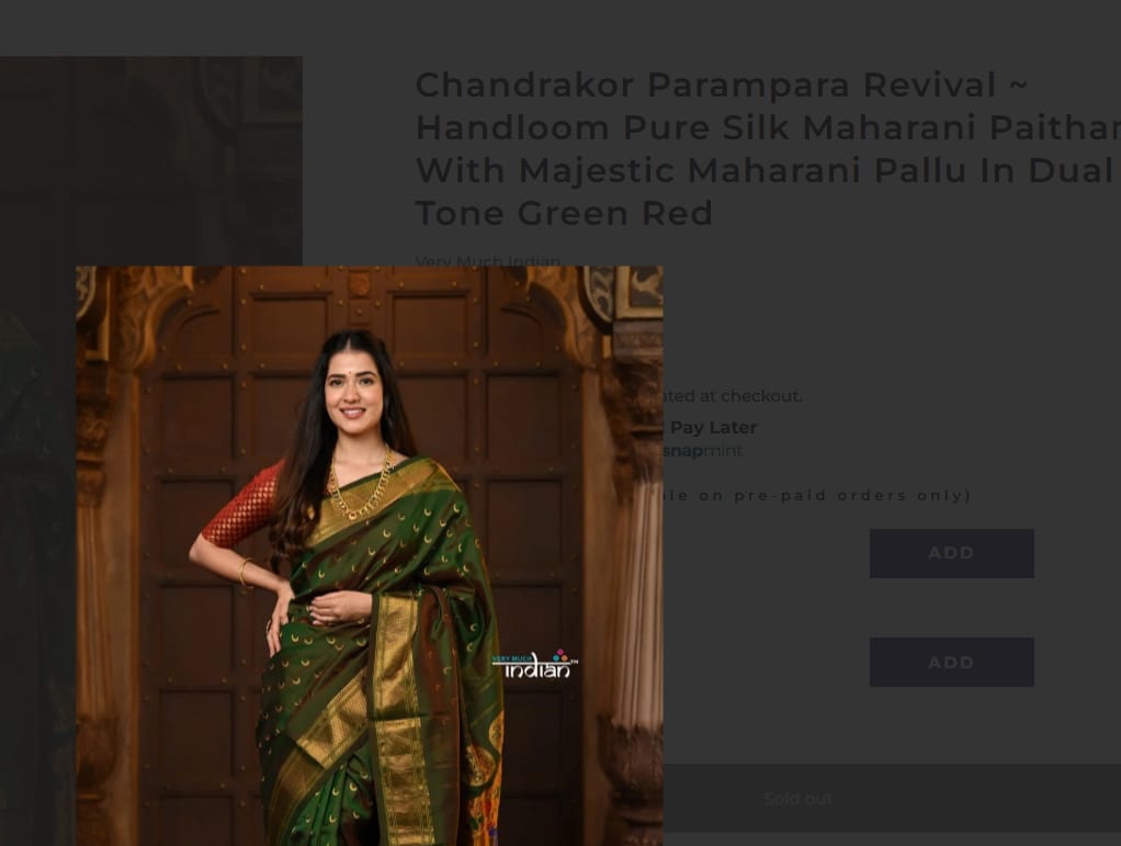 Customer photo review of Chandrakor Parampara Revival ~ Handloom Pure Silk Maharani Paithani with Majestic Maharani Pallu in Dual Tone Green Red