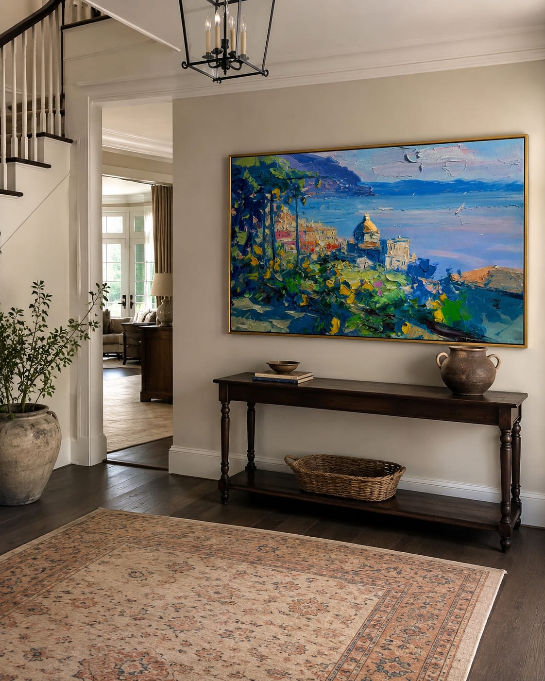 Customer photo review of Lemon Grove Coastline – Blue & Gold Coastal Village Painting | Coastal Mediterranean Living Room Wall Art