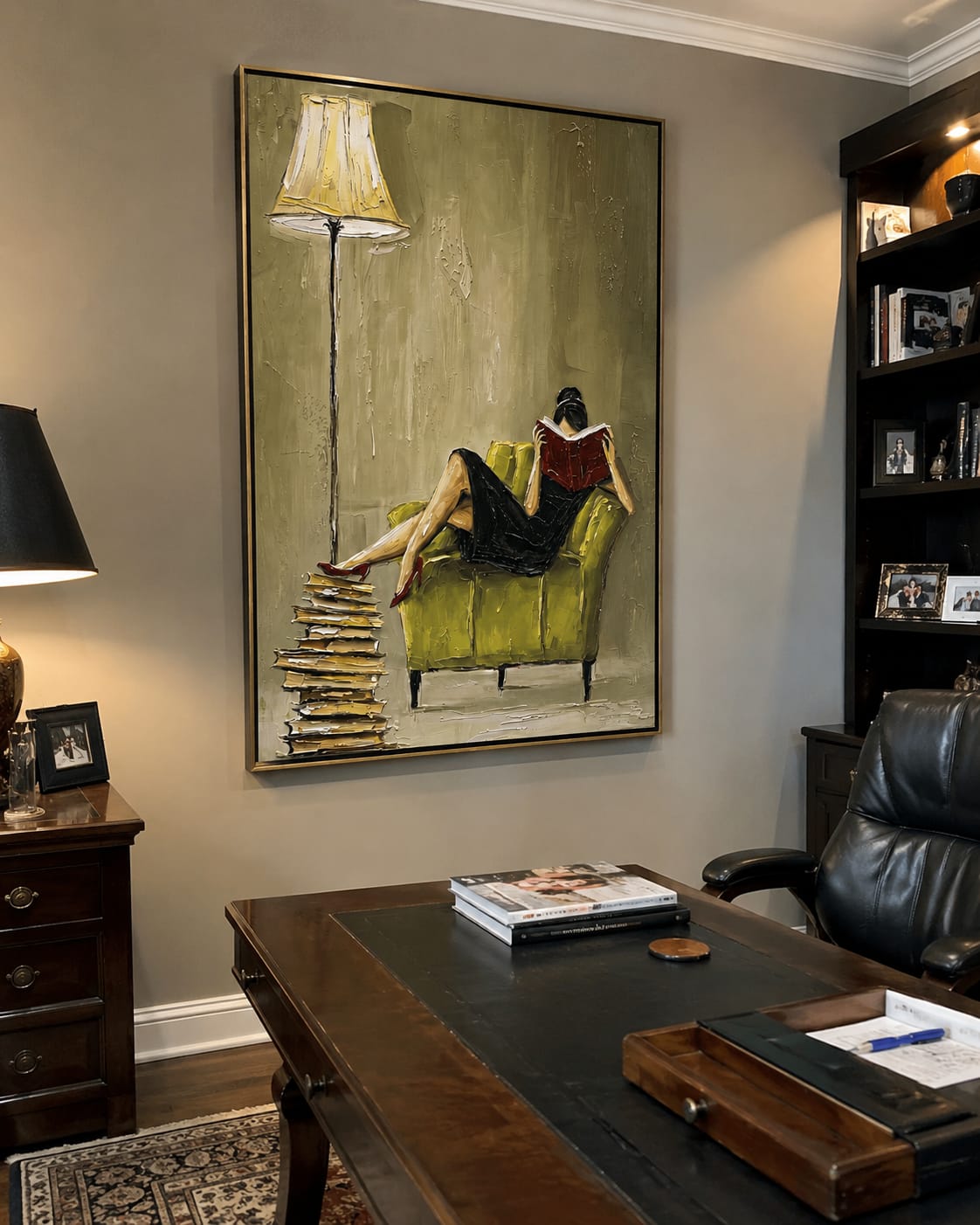 Customer photo review of Quiet Hour – Emerald Velvet Reading Nook Painting | Elegant Interior Living Room Art