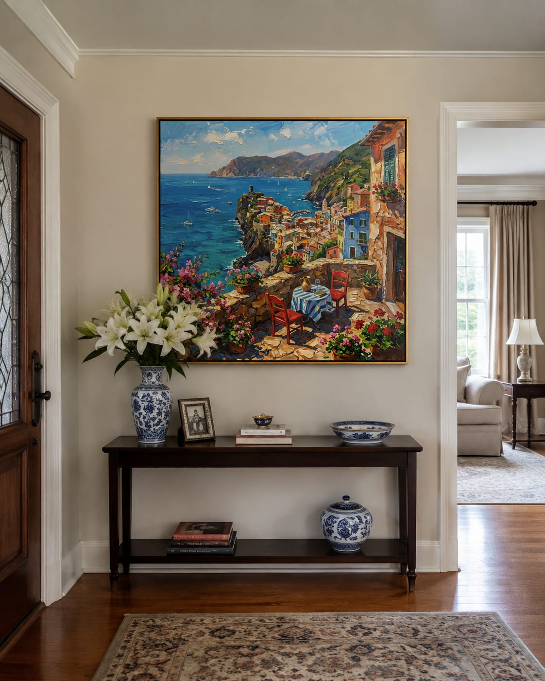 Customer photo review of Terrace for Two – Red & Blue Coastal Terrace Painting | Coastal Living Room Wall Art