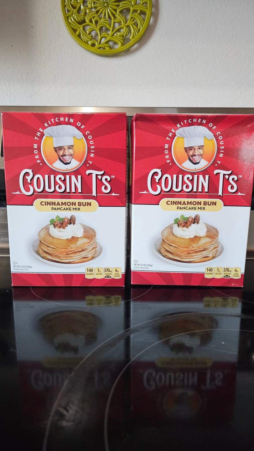 Customer photo review of Cousin T's Gourmet Cinnamon Bun Pancake Mix