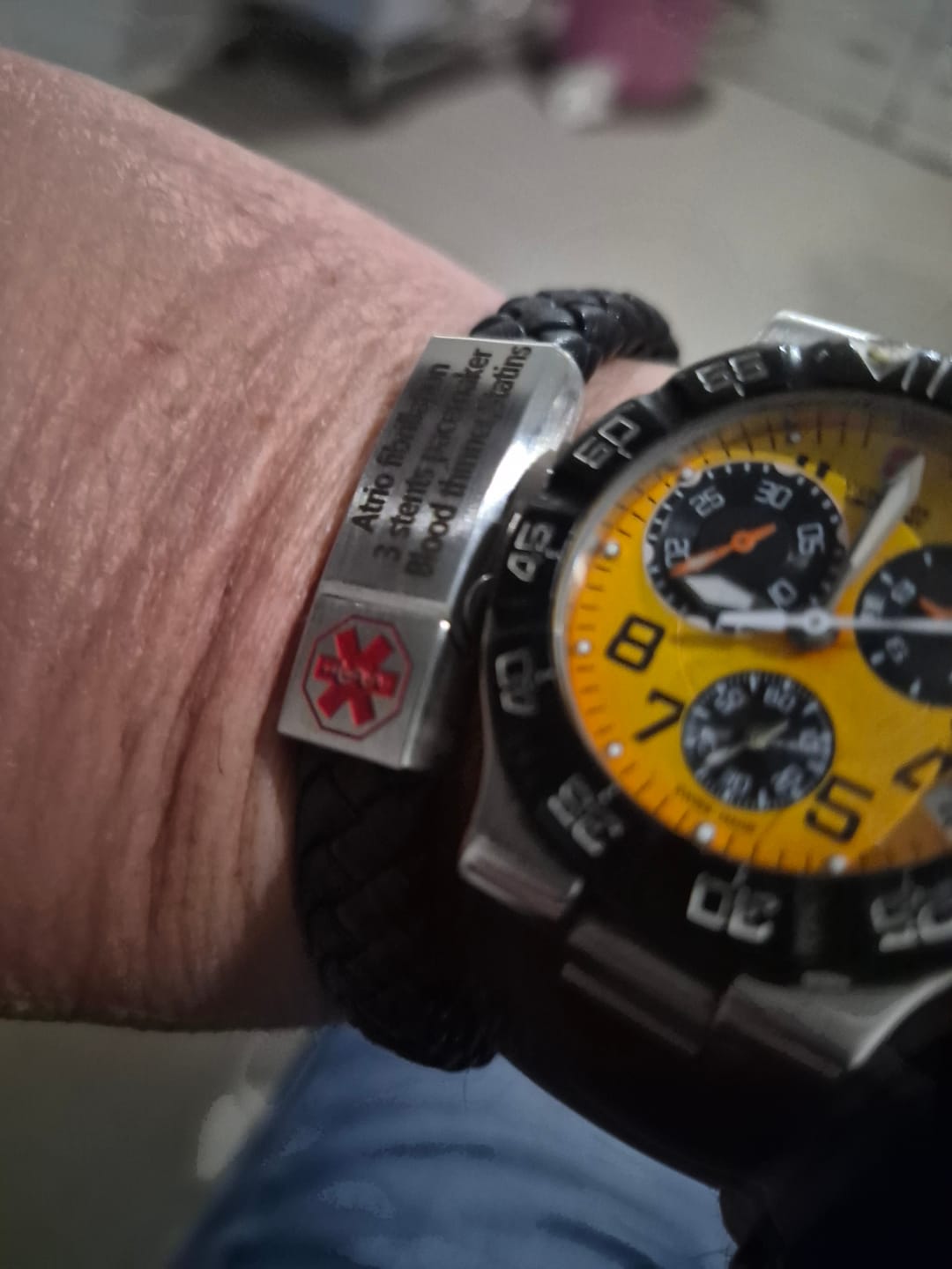 Customer photo review of Red-Alert Leather Medical ID Bracelet with Silver Clasp