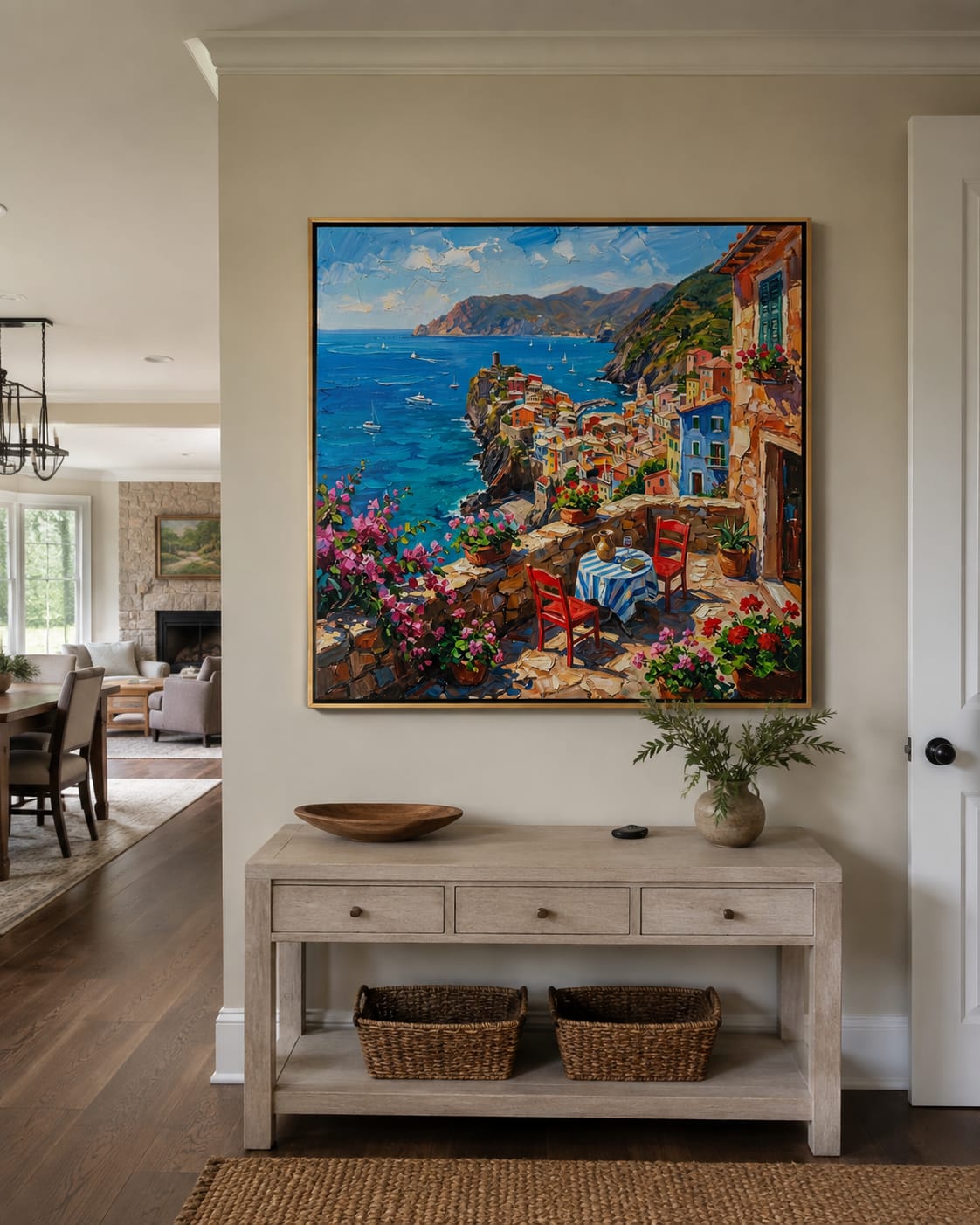 Customer photo review of Terrace for Two – Red & Blue Coastal Terrace Painting | Coastal Living Room Wall Art