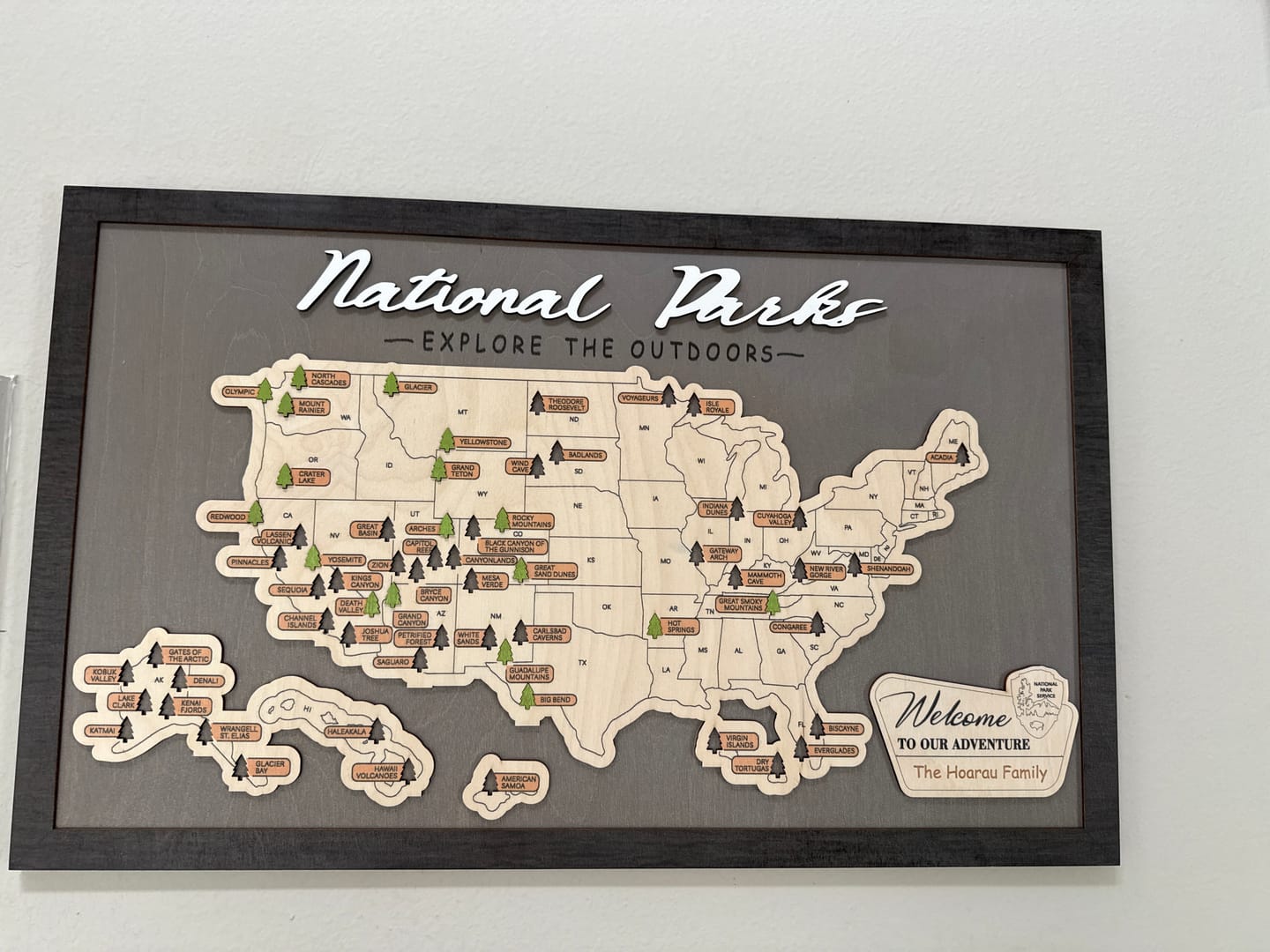 Customer photo review of US Wooden National Parks Travel Map With Trees To Record Park Visits (Light Gray)
