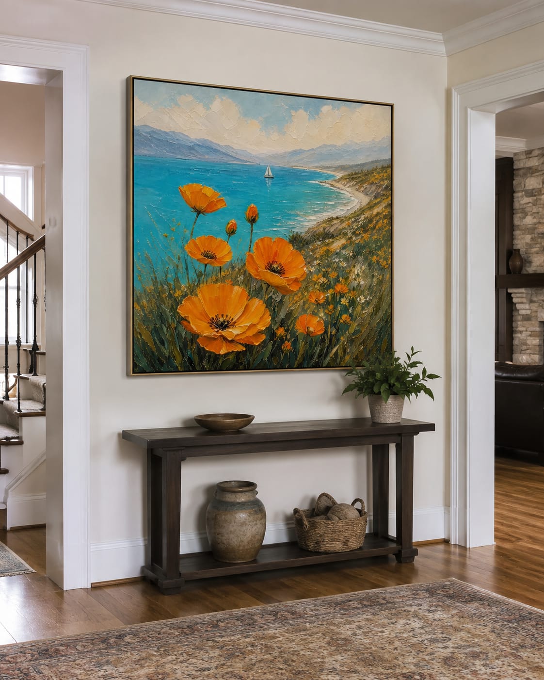 Customer photo review of Sail Beyond Poppy Fields – Orange & Blue Coastal Painting | Coastal Bedroom Wall Art