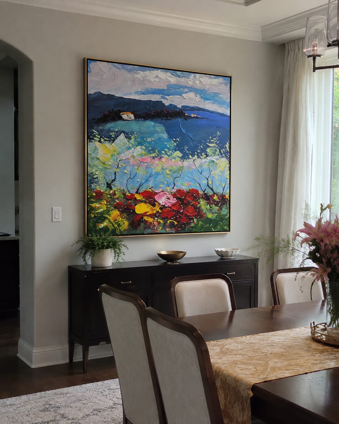 Customer photo review of Twilight Blossom Coast – Navy & Pink Coastal Painting | Coastal Living Room Wall Art