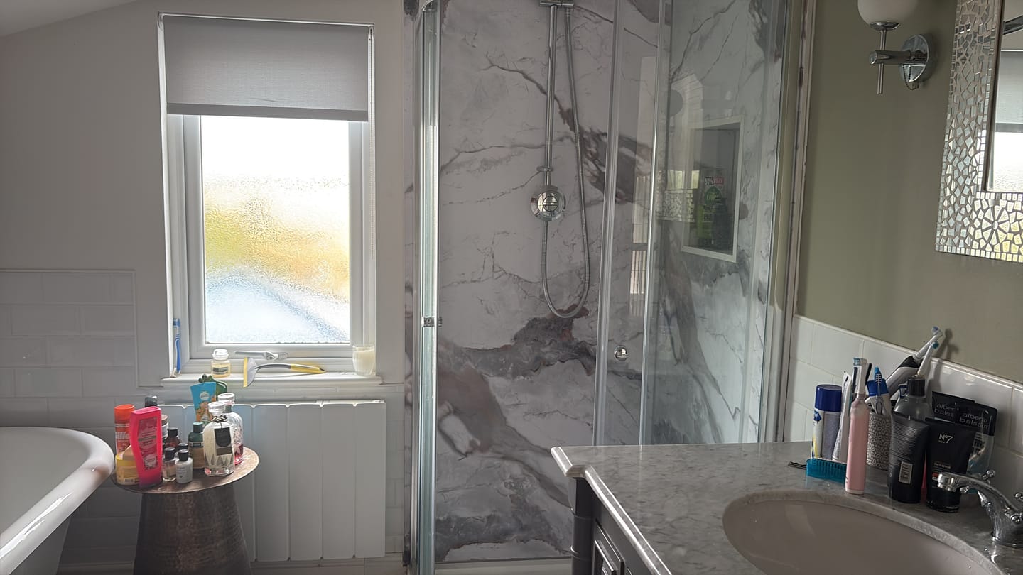 Customer photo review of Premium Sapphire Marble Matt Shower Wall Panel – 1M x 2.4M