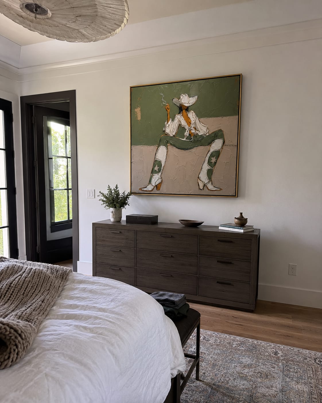 Customer photo review of White Boots Hold Ground – Green Cowgirl Painting | Retro Modern Square Wall Art