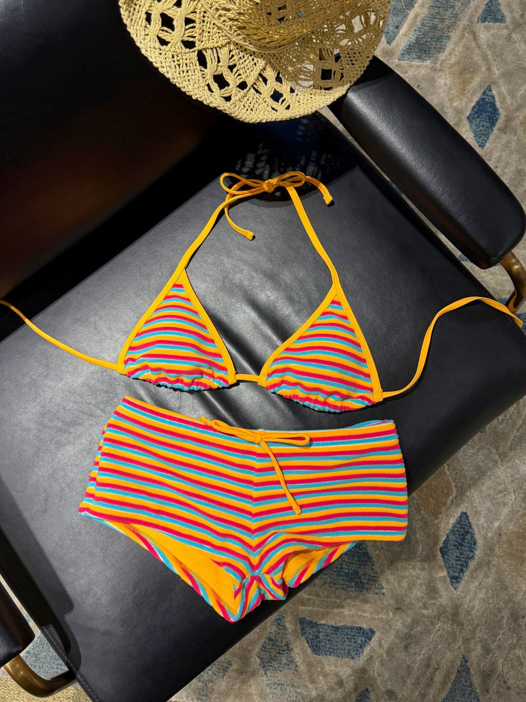 Customer photo review of Seamolly Toweling Terry Cloth Rainbow Striped Contrast Binding Cheeky Boyshorts Bikini Set