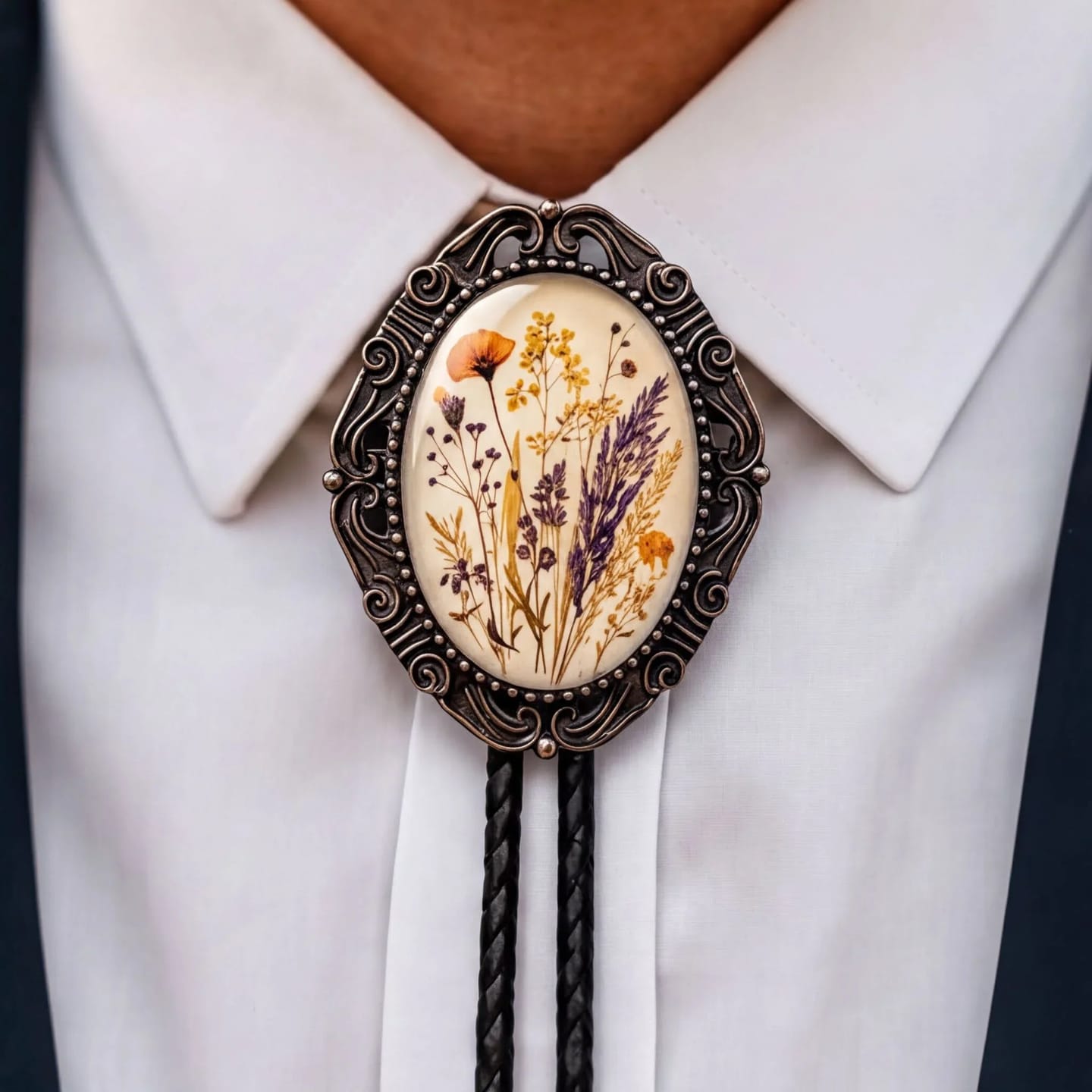 Customer photo review of Bolo Tie for Men and Women- Burnt Orange Flowers