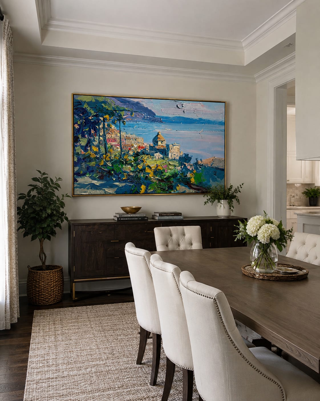 Customer photo review of Lemon Grove Coastline – Blue & Gold Coastal Village Painting | Coastal Mediterranean Living Room Wall Art
