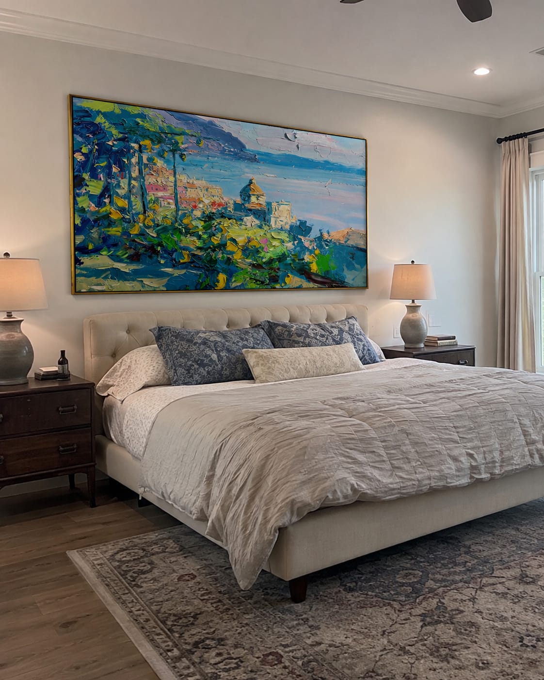 Customer photo review of Lemon Grove Coastline – Blue & Gold Coastal Village Painting | Coastal Mediterranean Living Room Wall Art