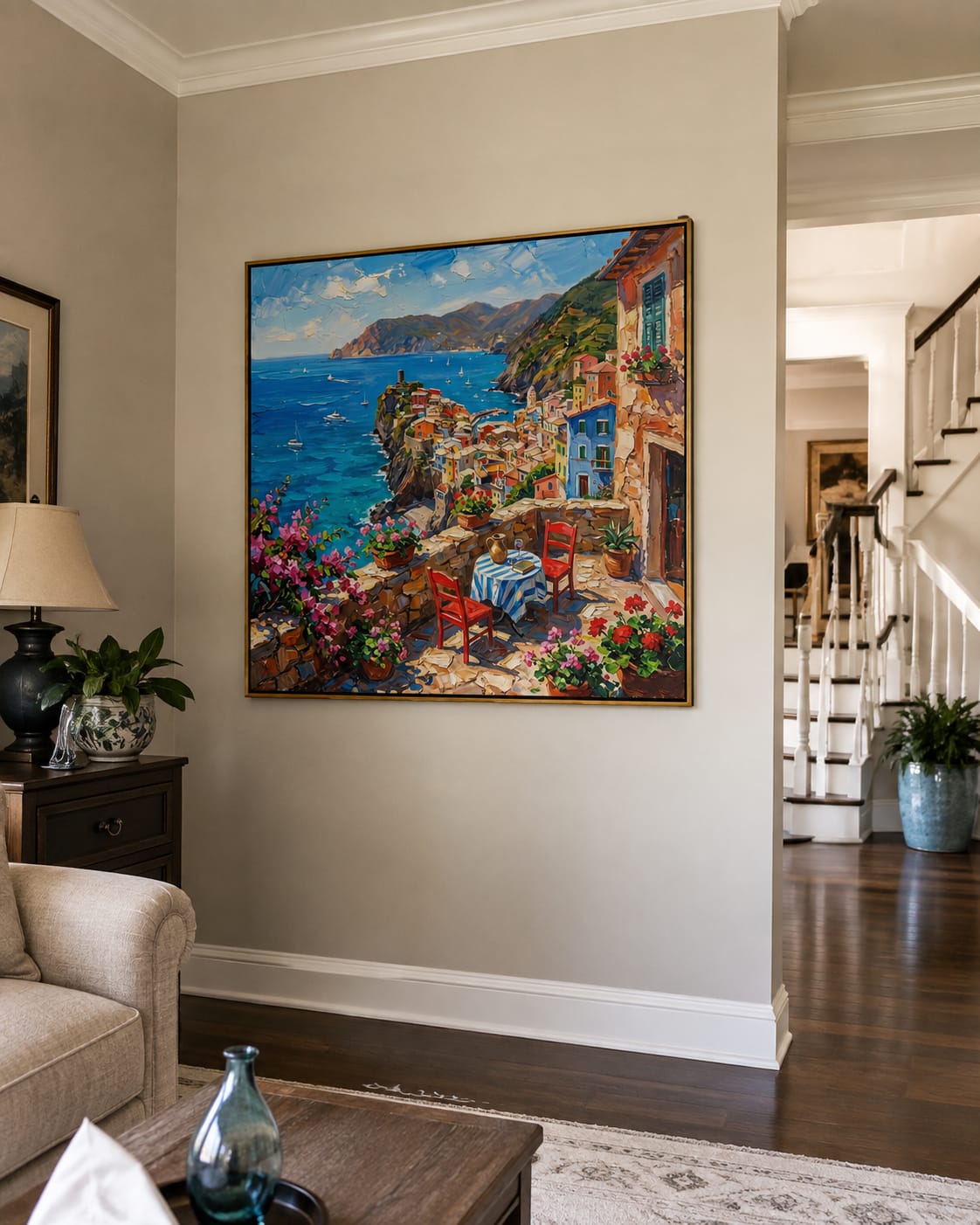 Customer photo review of Terrace for Two – Red & Blue Coastal Terrace Painting | Coastal Living Room Wall Art