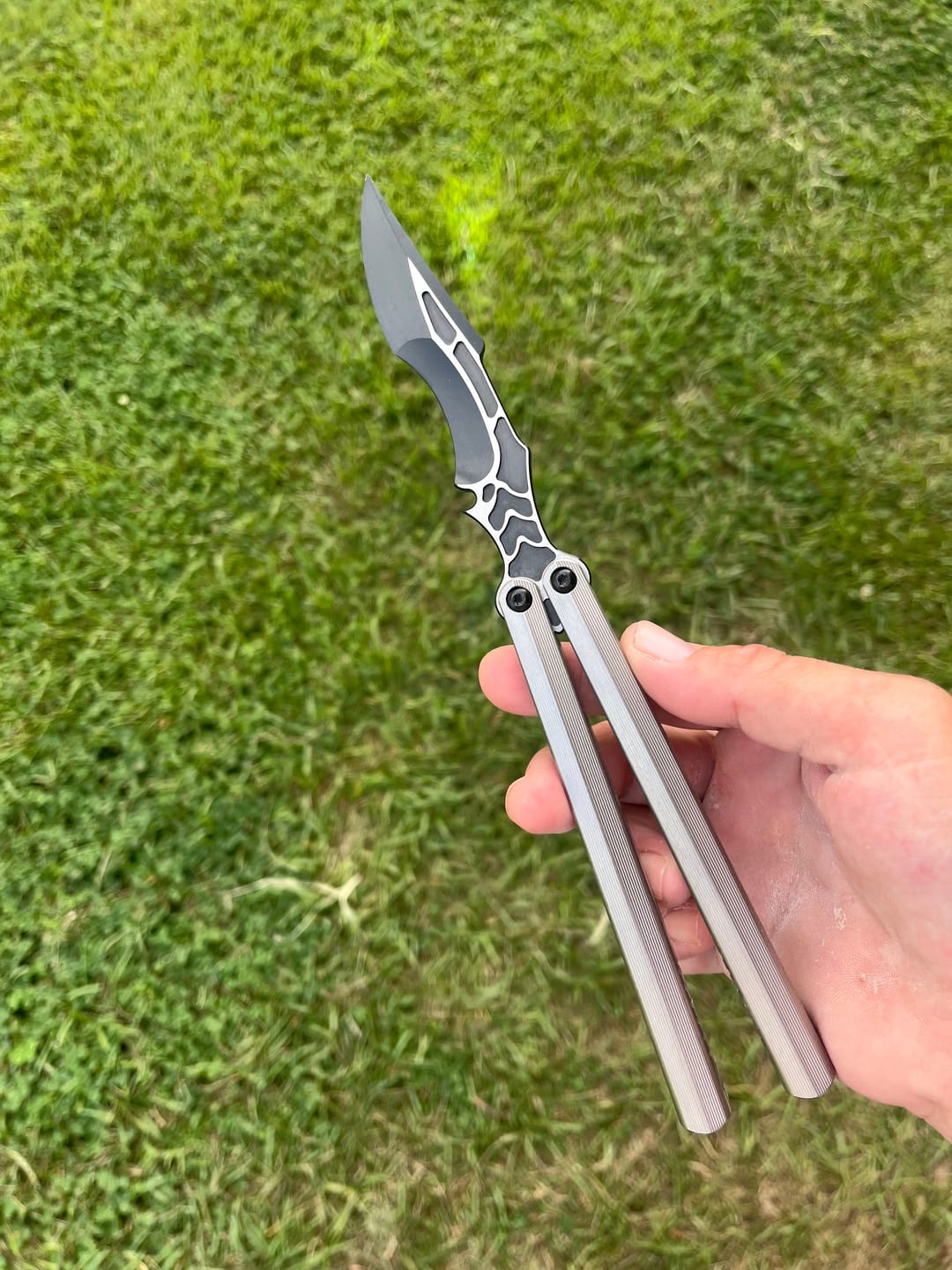 Customer photo review of Armed Shark CK Viper Balisong Clone TC4 Titanium Alloy/Titanium Damascus Handle 14C28N MOV/Damascus Stainless Steel Fake Blade