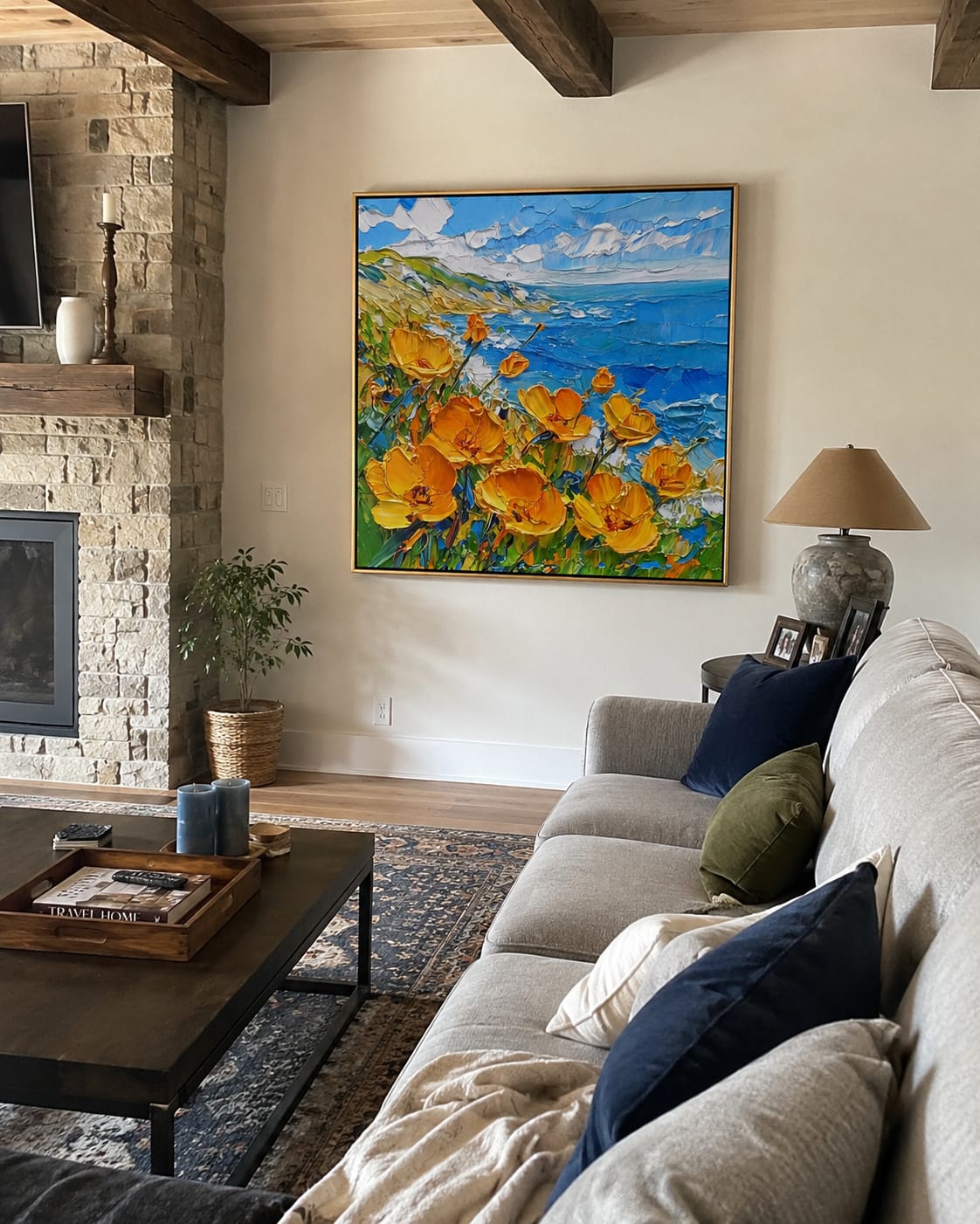 Customer photo review of Wildflower Turquoise Cove – Orange & Turquoise Coastal Painting | Coastal Living Room Wall Art
