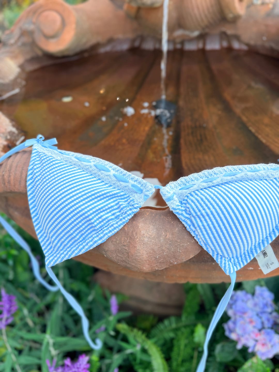 Customer photo review of Seamolly Striped Lace Trim Bowknot Decor Halter Triangle Tie Side Bikini Set