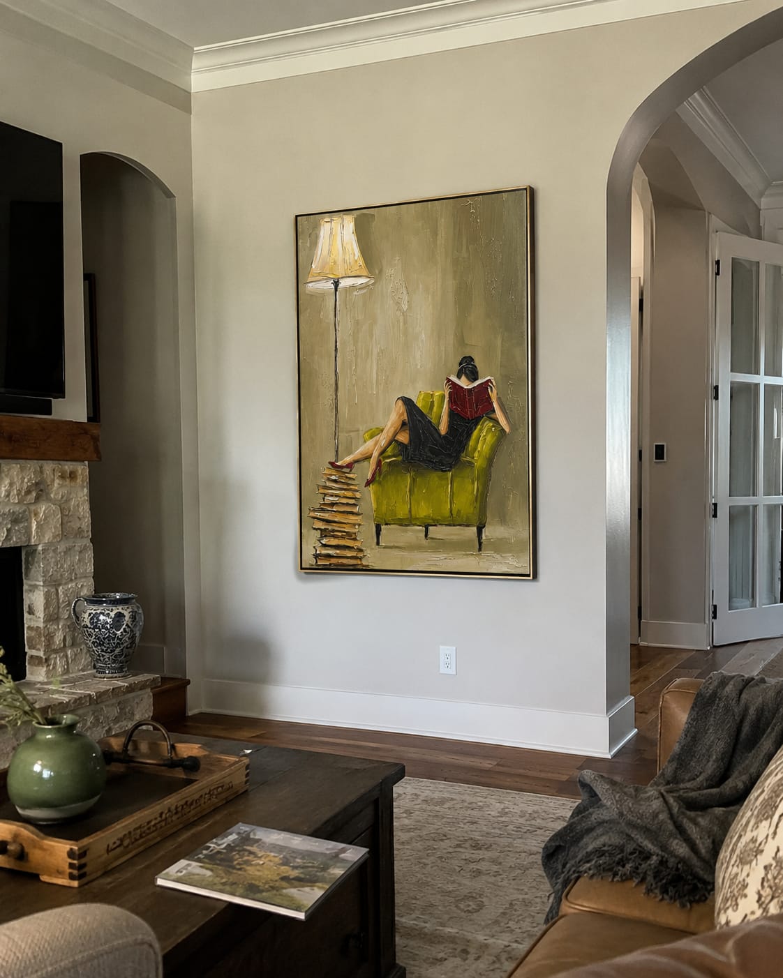 Customer photo review of Quiet Hour – Emerald Velvet Reading Nook Painting | Elegant Interior Living Room Art