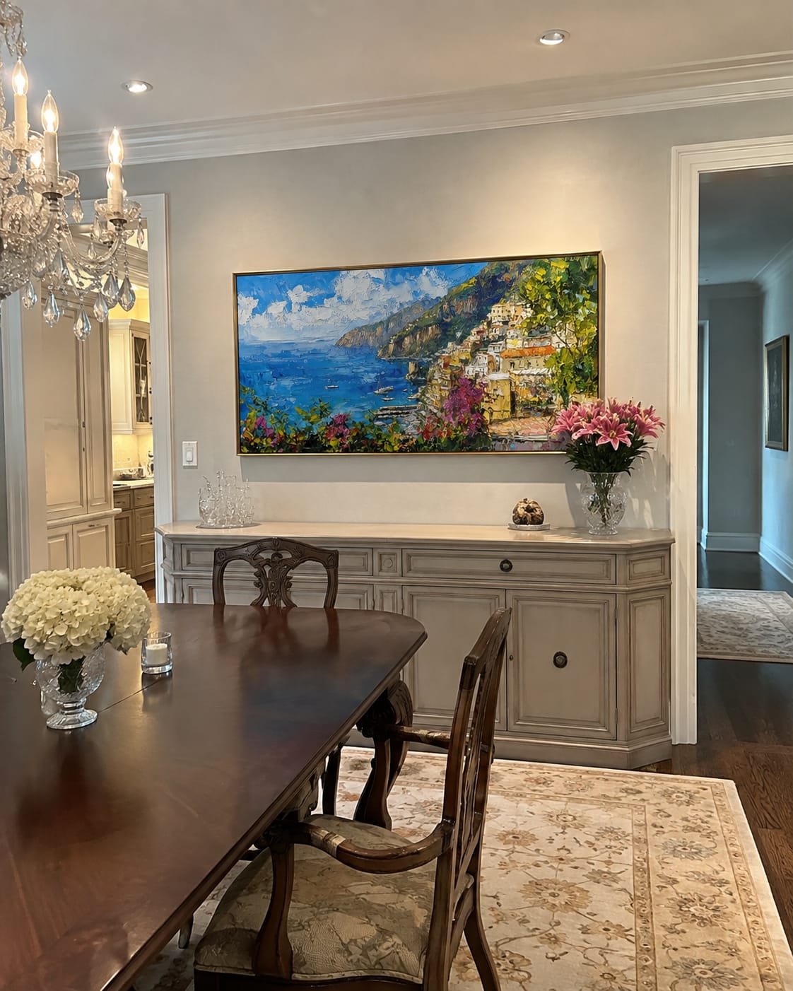 Customer photo review of Golden Coast Panorama – Blue & Green Cliffside Village Painting | Coastal Panoramic Living Room Wall Art